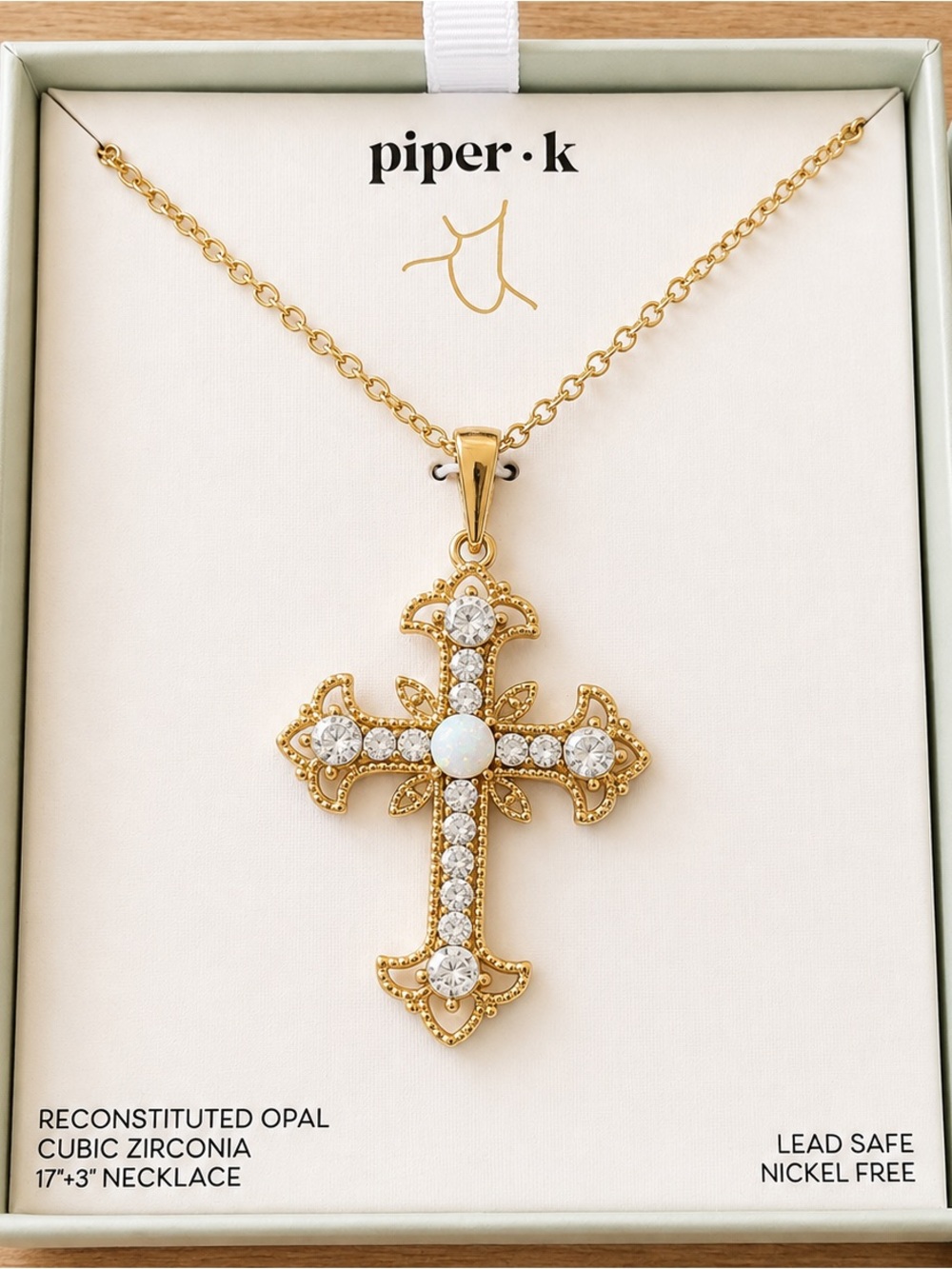 Piper•K Gold Cross Necklace with Opal Center and Clear Stones